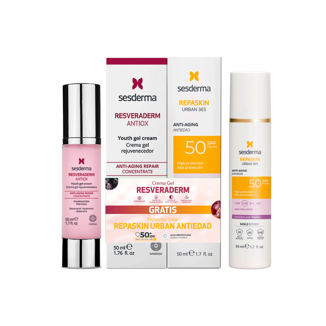 El Kit Resveraderm Crema Gel + Repaskin Urban 365 Antiedad de Sesderma