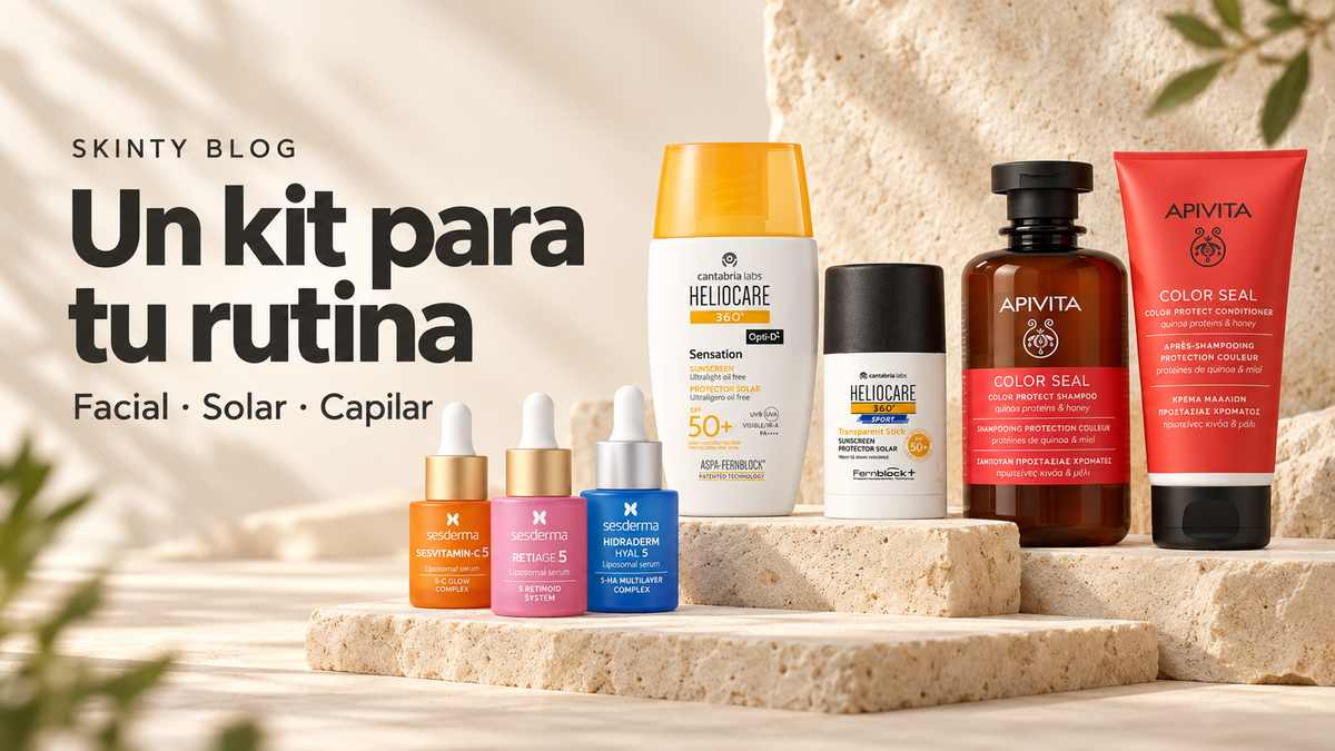Un kit para tu rutina: facial, solar y capilar. Productos Sesderma, Heliocare y Apivita, portada de SKINTY Blog.