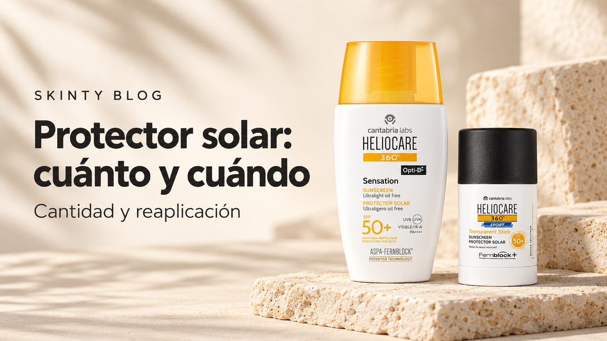 Protector solar: cuánto y cuándo. Heliocare Sensation y Sport Stick sobre un fondo cálido, portada de SKINTY Blog.